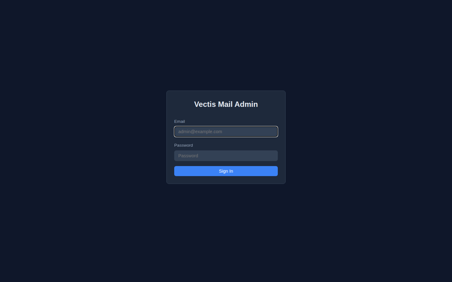 Vectis Mail admin login screen