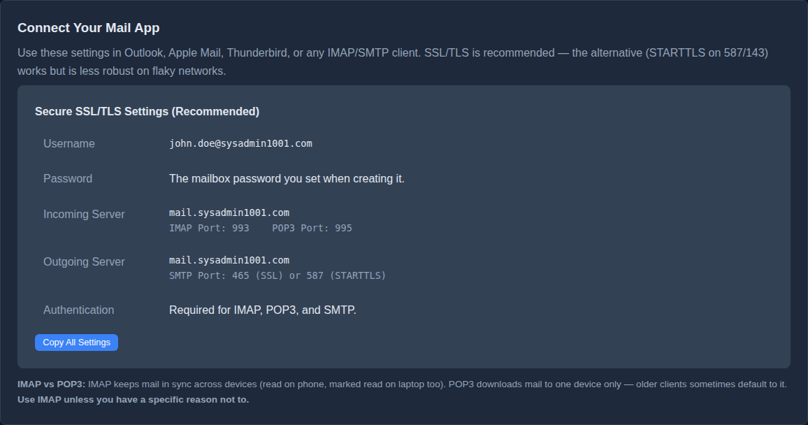 Connect Your Mail App panel with IMAP/POP3/SMTP settings