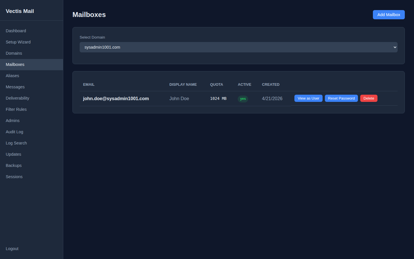 Mailboxes page listing john.doe@sysadmin1001.com with View as User, Reset Password, and Delete actions